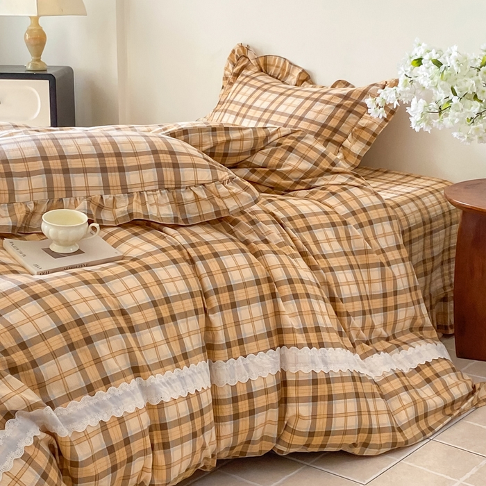 91家纺网 家纺一手货源 找家纺 欧尚 2025新款皱皱纱床盖四件套 咖色格子