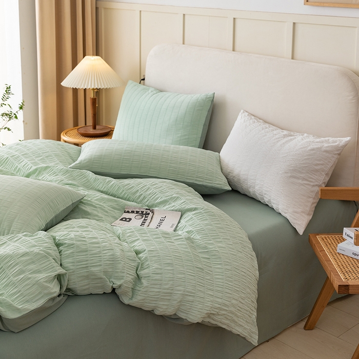 91家纺网 家纺一手货源 找家纺 贝尔 PELLHOME AB版纯色全棉泡泡纱四件套皱皱纱四件套另有同款面料夏被（可抖音代发） 抹茶绿