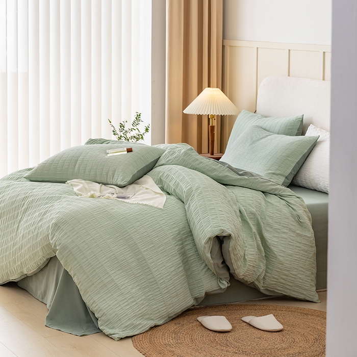 91家纺网 家纺一手货源 找家纺 贝尔 PELLHOME AB版纯色全棉泡泡纱四件套皱皱纱四件套另有同款面料夏被（可抖音代发） 抹茶绿