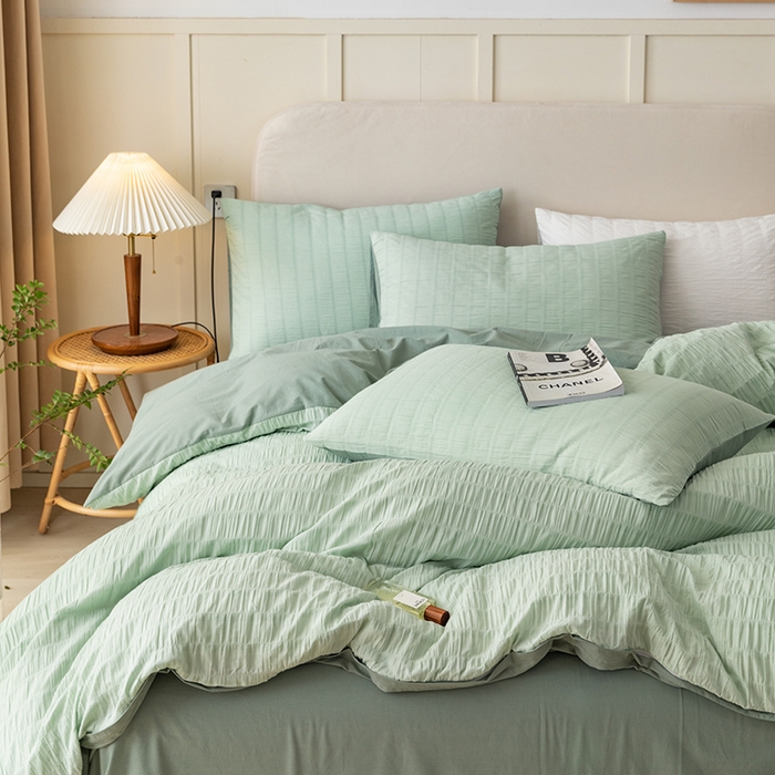 91家纺网 家纺一手货源 找家纺 贝尔 PELLHOME AB版纯色全棉泡泡纱四件套皱皱纱四件套另有同款面料夏被（可抖音代发） 抹茶绿