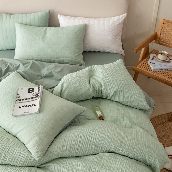 91家纺网 家纺一手货源 找家纺 贝尔 PELLHOME AB版纯色全棉泡泡纱四件套皱皱纱四件套另有同款面料夏被（可抖音代发） 抹茶绿