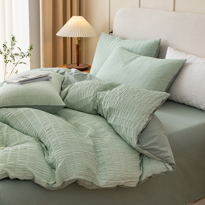 91家纺网 家纺一手货源 找家纺 贝尔 PELLHOME AB版纯色全棉泡泡纱四件套皱皱纱四件套另有同款面料夏被（可抖音代发） 抹茶绿