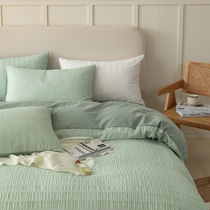 91家纺网 家纺一手货源 找家纺 贝尔 PELLHOME AB版纯色全棉泡泡纱四件套皱皱纱四件套另有同款面料夏被（可抖音代发） 抹茶绿