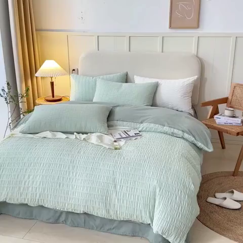 91家纺网 家纺一手货源 找家纺 贝尔 PELLHOME AB版纯色全棉泡泡纱四件套皱皱纱四件套另有同款面料夏被（可抖音代发） 抹茶绿