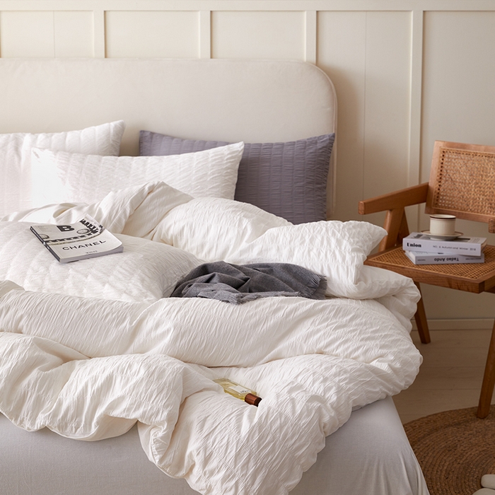 91家纺网 家纺一手货源 找家纺 贝尔 PELLHOME AB版纯色全棉泡泡纱四件套皱皱纱四件套另有同款面料夏被（可抖音代发） 奶香白