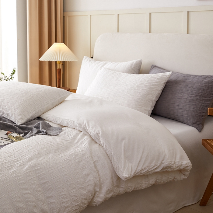 91家纺网 家纺一手货源 找家纺 贝尔 PELLHOME AB版纯色全棉泡泡纱四件套皱皱纱四件套另有同款面料夏被（可抖音代发） 奶香白