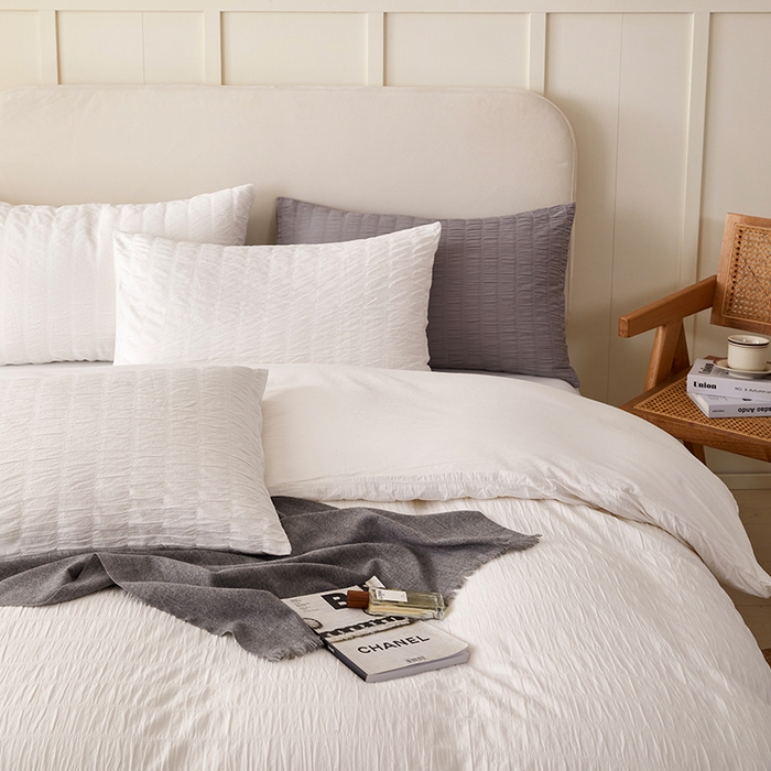 91家纺网 家纺一手货源 找家纺 贝尔 PELLHOME AB版纯色全棉泡泡纱四件套皱皱纱四件套另有同款面料夏被（可抖音代发） 奶香白