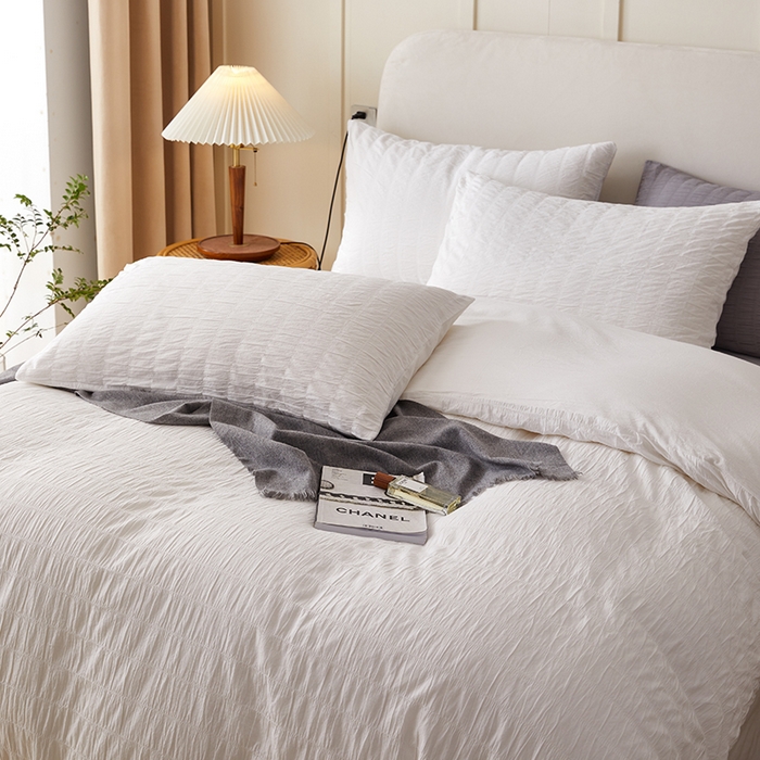 91家纺网 家纺一手货源 找家纺 贝尔 PELLHOME AB版纯色全棉泡泡纱四件套皱皱纱四件套另有同款面料夏被（可抖音代发） 奶香白