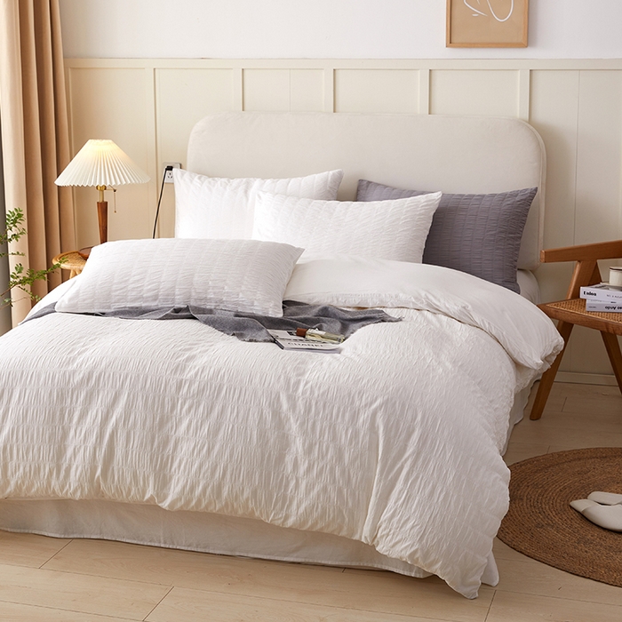 91家纺网 家纺一手货源 找家纺 贝尔 PELLHOME AB版纯色全棉泡泡纱四件套皱皱纱四件套另有同款面料夏被（可抖音代发） 奶香白