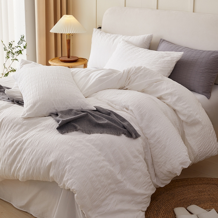 91家纺网 家纺一手货源 找家纺 贝尔 PELLHOME AB版纯色全棉泡泡纱四件套皱皱纱四件套另有同款面料夏被（可抖音代发） 奶香白