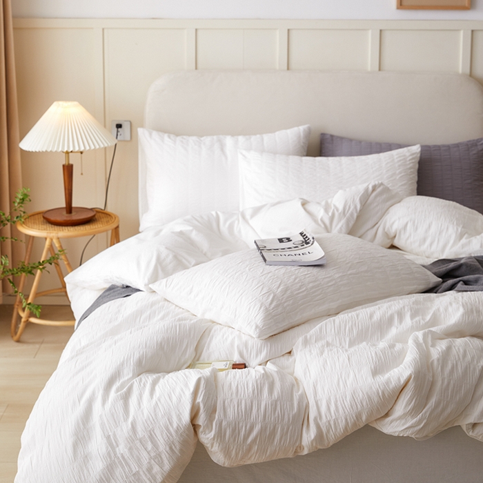 91家纺网 家纺一手货源 找家纺 贝尔 PELLHOME AB版纯色全棉泡泡纱四件套皱皱纱四件套另有同款面料夏被（可抖音代发） 奶香白