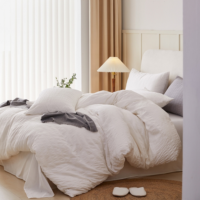 91家纺网 家纺一手货源 找家纺 贝尔 PELLHOME AB版纯色全棉泡泡纱四件套皱皱纱四件套另有同款面料夏被（可抖音代发） 奶香白