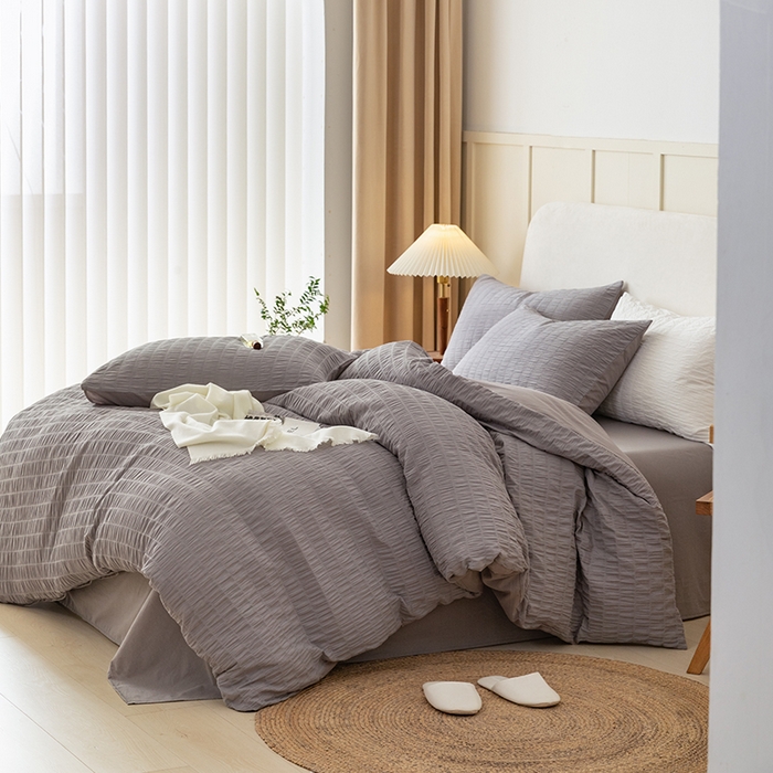 91家纺网 家纺一手货源 找家纺 贝尔 PELLHOME AB版纯色全棉泡泡纱四件套皱皱纱四件套另有同款面料夏被（可抖音代发） 烟雾灰