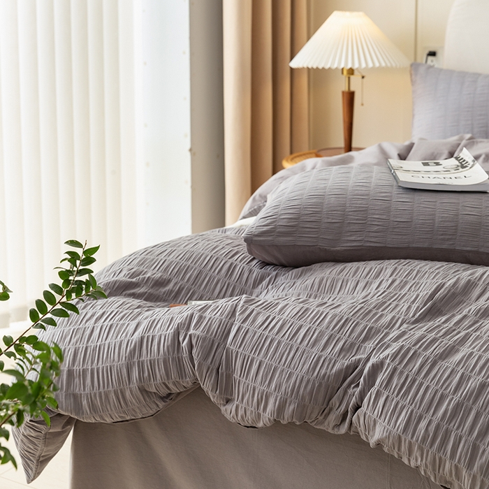 91家纺网 家纺一手货源 找家纺 贝尔 PELLHOME AB版纯色全棉泡泡纱四件套皱皱纱四件套另有同款面料夏被（可抖音代发） 烟雾灰