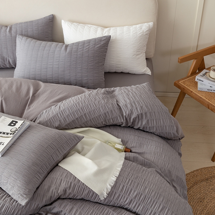 91家纺网 家纺一手货源 找家纺 贝尔 PELLHOME AB版纯色全棉泡泡纱四件套皱皱纱四件套另有同款面料夏被（可抖音代发） 烟雾灰