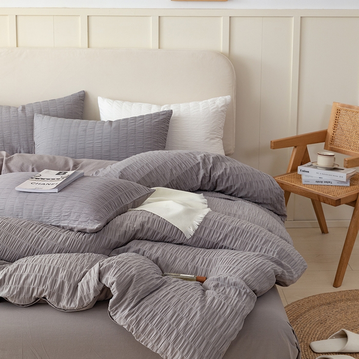 91家纺网 家纺一手货源 找家纺 贝尔 PELLHOME AB版纯色全棉泡泡纱四件套皱皱纱四件套另有同款面料夏被（可抖音代发） 烟雾灰