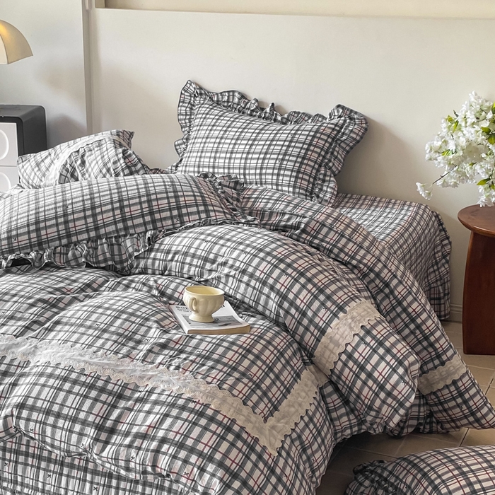 91家纺网 家纺一手货源 找家纺 欧尚 2025新款皱皱纱床盖四件套 黑白格子