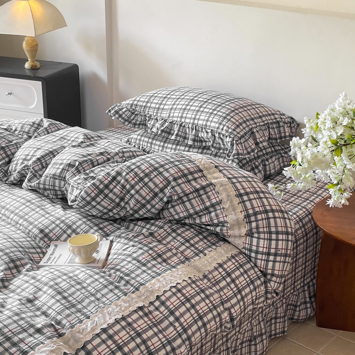 91家纺网 家纺一手货源 找家纺 欧尚 2025新款皱皱纱床盖四件套 黑白格子