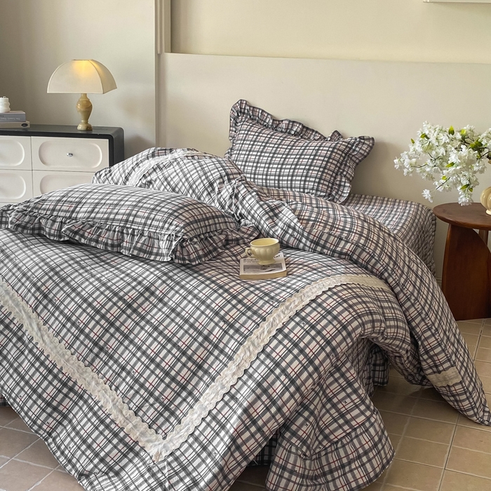 91家纺网 家纺一手货源 找家纺 欧尚 2025新款皱皱纱床盖四件套 黑白格子