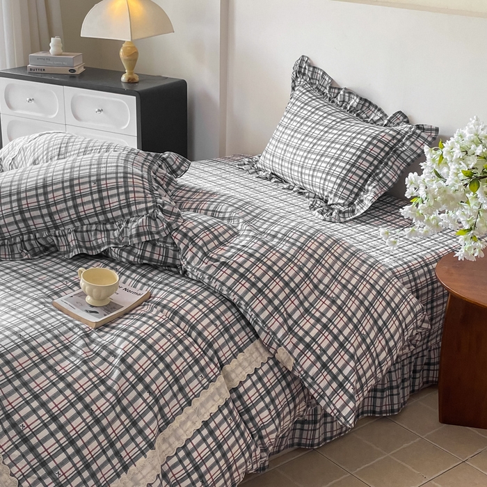 91家纺网 家纺一手货源 找家纺 欧尚 2025新款皱皱纱床盖四件套 黑白格子
