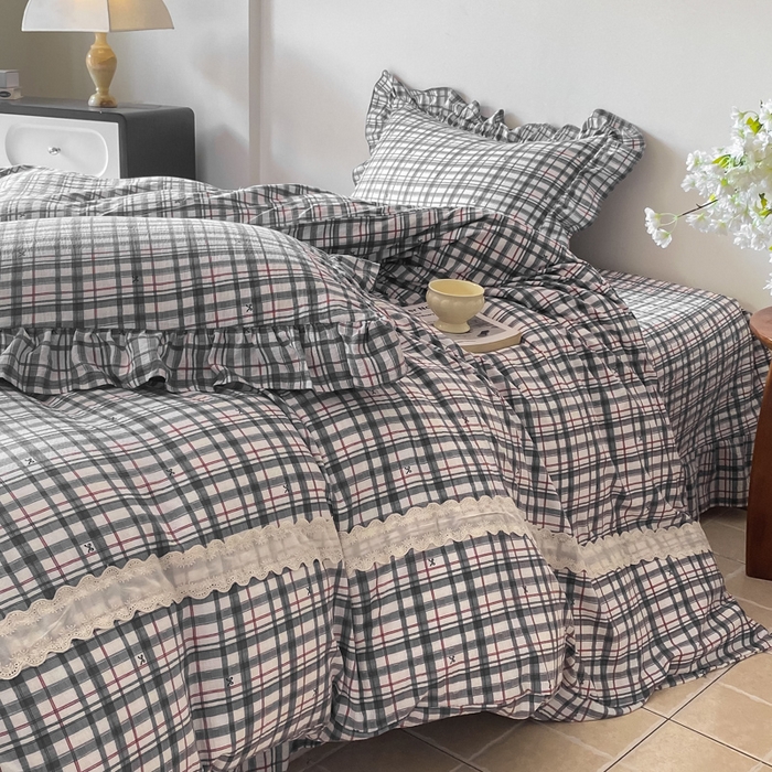 91家纺网 家纺一手货源 找家纺 欧尚 2025新款皱皱纱床盖四件套 黑白格子