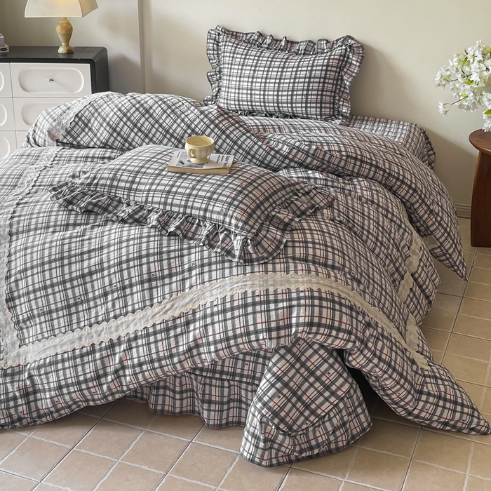 91家纺网 家纺一手货源 找家纺 欧尚 2025新款皱皱纱床盖四件套 黑白格子