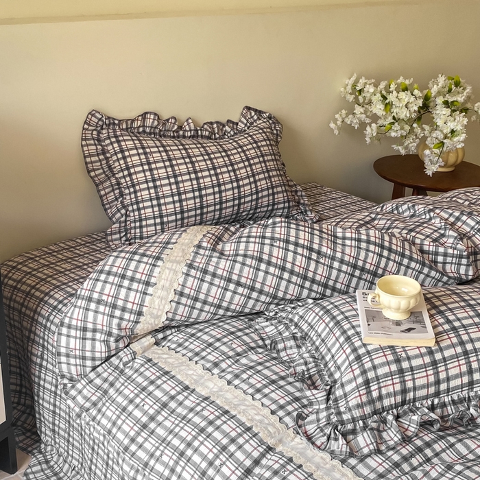 91家纺网 家纺一手货源 找家纺 欧尚 2025新款皱皱纱床盖四件套 黑白格子