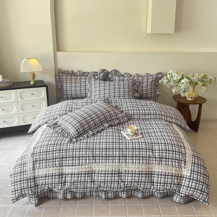91家纺网 家纺一手货源 找家纺 欧尚 2025新款皱皱纱床盖四件套 黑白格子