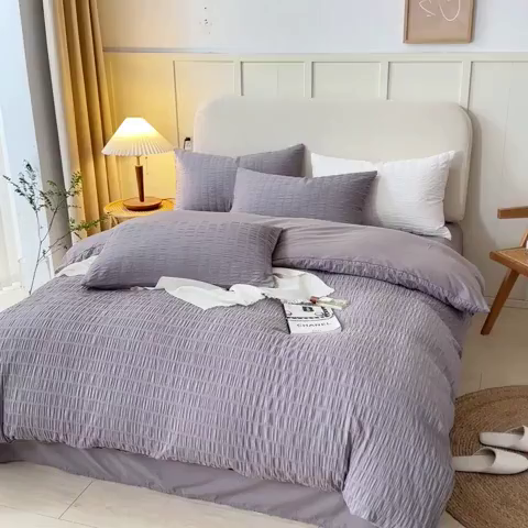 91家纺网 家纺一手货源 找家纺 贝尔 PELLHOME AB版纯色全棉泡泡纱四件套皱皱纱四件套另有同款面料夏被（可抖音代发） 烟雾灰