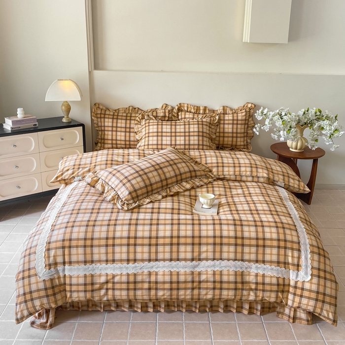 91家纺网 家纺一手货源 找家纺 欧尚 2025新款皱皱纱床盖四件套 咖色格子