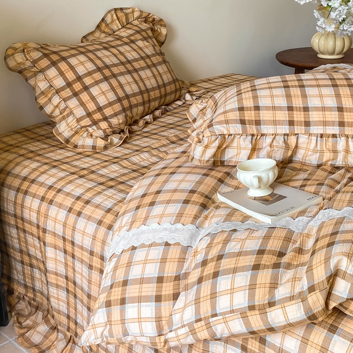 91家纺网 家纺一手货源 找家纺 欧尚 2025新款皱皱纱床盖四件套 咖色格子