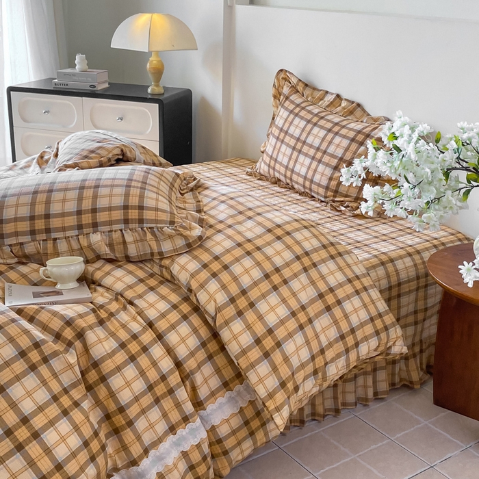 91家纺网 家纺一手货源 找家纺 欧尚 2025新款皱皱纱床盖四件套 咖色格子