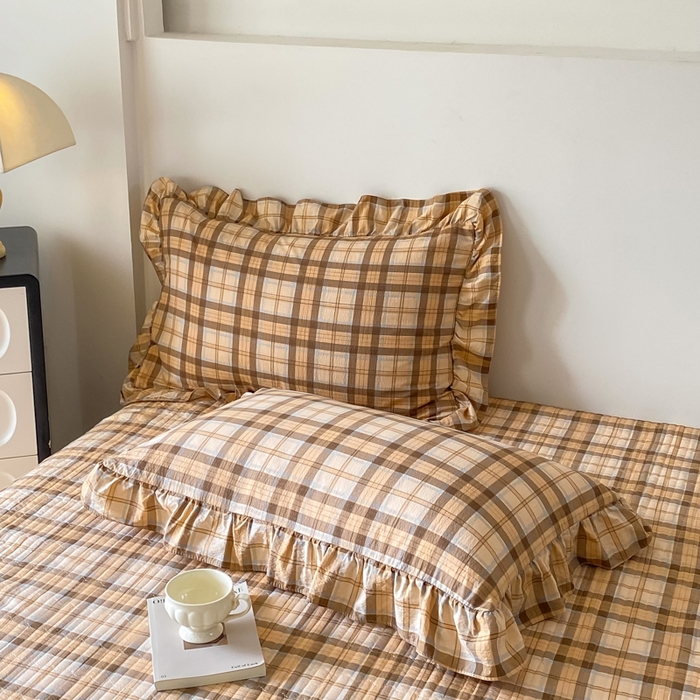 91家纺网 家纺一手货源 找家纺 欧尚 2025新款皱皱纱床盖四件套 咖色格子