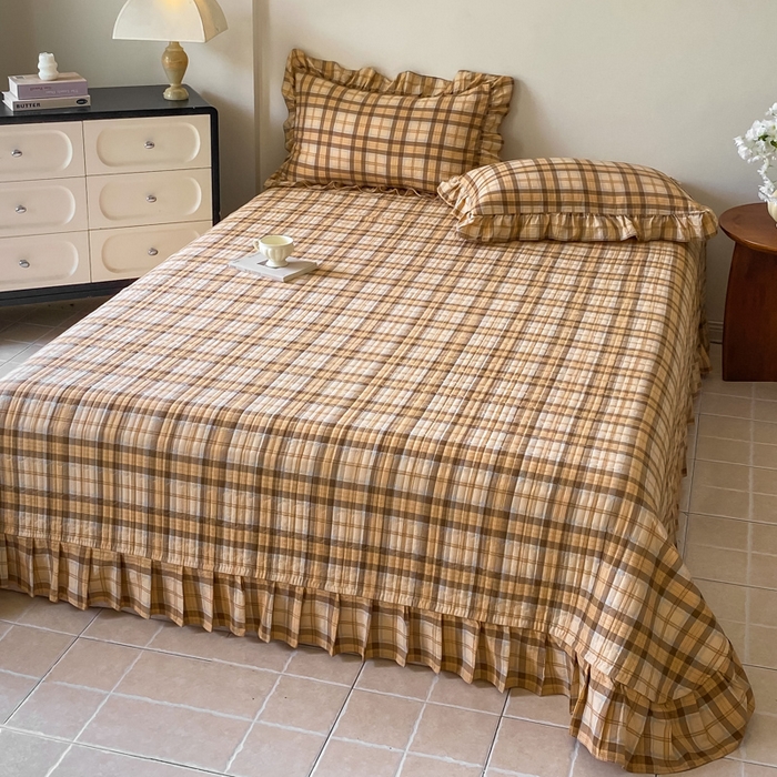 91家纺网 家纺一手货源 找家纺 欧尚 2025新款皱皱纱床盖四件套 咖色格子