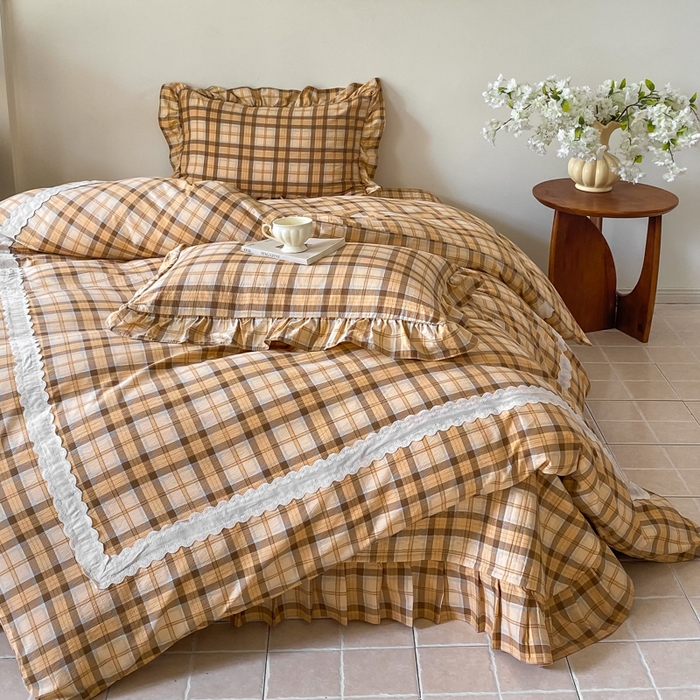 欧尚 2025新款皱皱纱床盖四件套 咖色格子