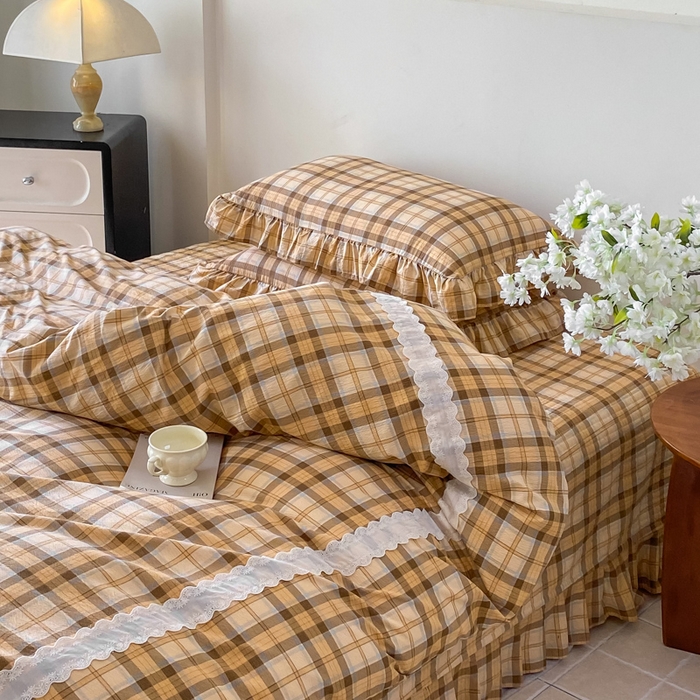 91家纺网 家纺一手货源 找家纺 欧尚 2025新款皱皱纱床盖四件套 咖色格子