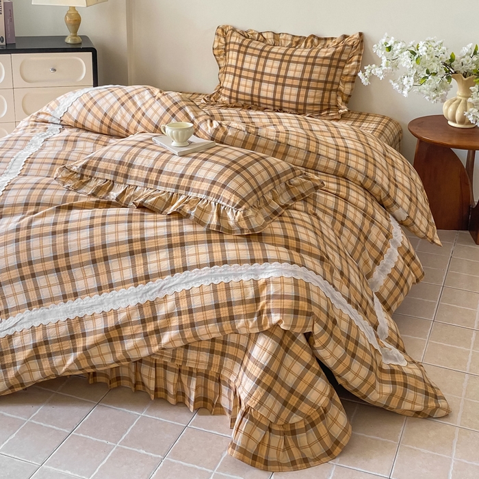 91家纺网 家纺一手货源 找家纺 欧尚 2025新款皱皱纱床盖四件套 咖色格子