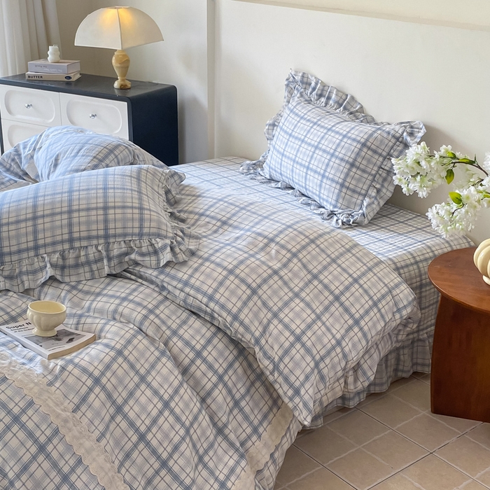 91家纺网 家纺一手货源 找家纺 欧尚 2025新款皱皱纱床盖四件套 蓝色格子