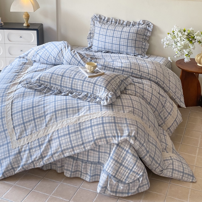 91家纺网 家纺一手货源 找家纺 欧尚 2025新款皱皱纱床盖四件套 蓝色格子