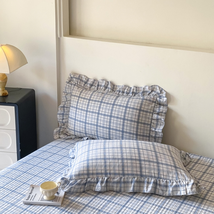 91家纺网 家纺一手货源 找家纺 欧尚 2025新款皱皱纱床盖四件套 蓝色格子