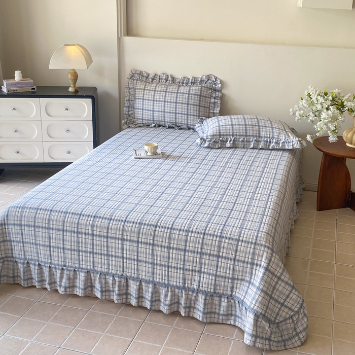 91家纺网 家纺一手货源 找家纺 欧尚 2025新款皱皱纱床盖四件套 蓝色格子