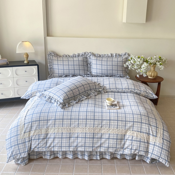 91家纺网 家纺一手货源 找家纺 欧尚 2025新款皱皱纱床盖四件套 蓝色格子