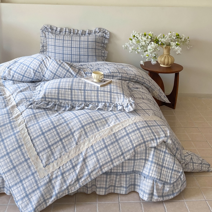 欧尚 2025新款皱皱纱床盖四件套 蓝色格子