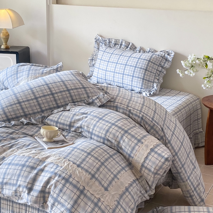 91家纺网 家纺一手货源 找家纺 欧尚 2025新款皱皱纱床盖四件套 蓝色格子
