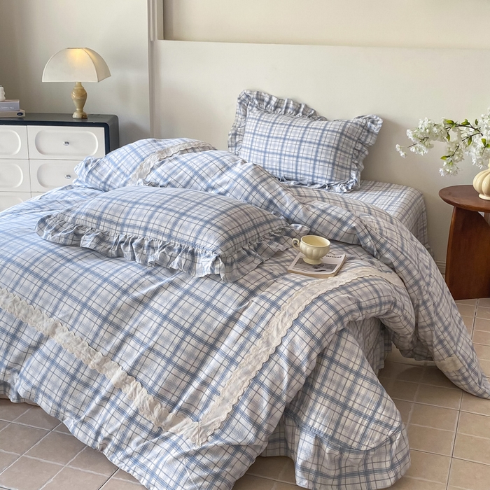 91家纺网 家纺一手货源 找家纺 欧尚 2025新款皱皱纱床盖四件套 蓝色格子