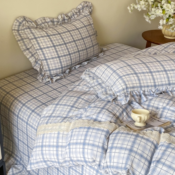 91家纺网 家纺一手货源 找家纺 欧尚 2025新款皱皱纱床盖四件套 蓝色格子