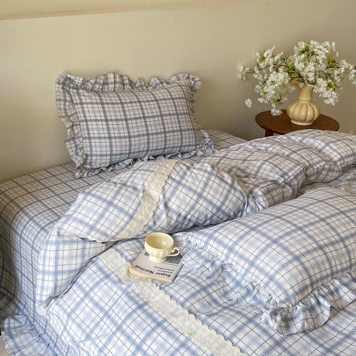 91家纺网 家纺一手货源 找家纺 欧尚 2025新款皱皱纱床盖四件套 蓝色格子