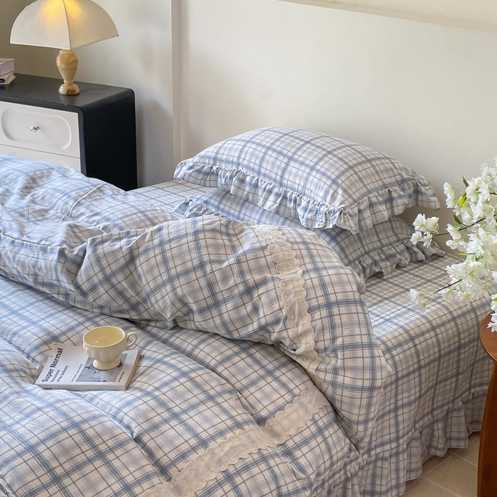 91家纺网 家纺一手货源 找家纺 欧尚 2025新款皱皱纱床盖四件套 蓝色格子