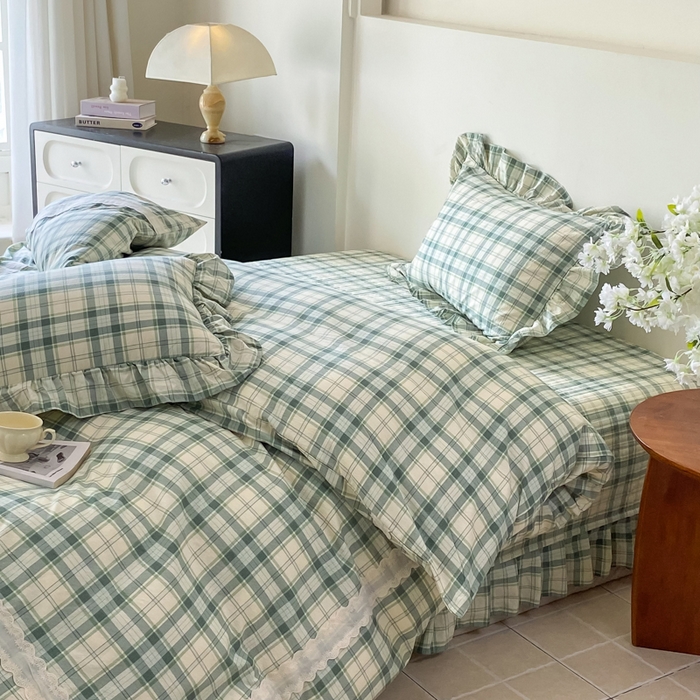 91家纺网 家纺一手货源 找家纺 欧尚 2025新款皱皱纱床盖四件套 绿色格子
