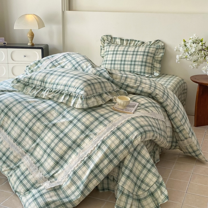 91家纺网 家纺一手货源 找家纺 欧尚 2025新款皱皱纱床盖四件套 绿色格子